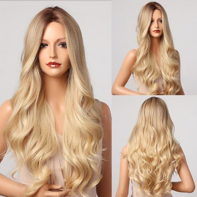Fashionable Long Wavy Synthetic Wigs Brown to Blonde Ombre with Bangs Fake Hair for Women Daily Cosplay Party Heat Resistant Wigs For Black Women Gifts for Girlfriends Stevvex
