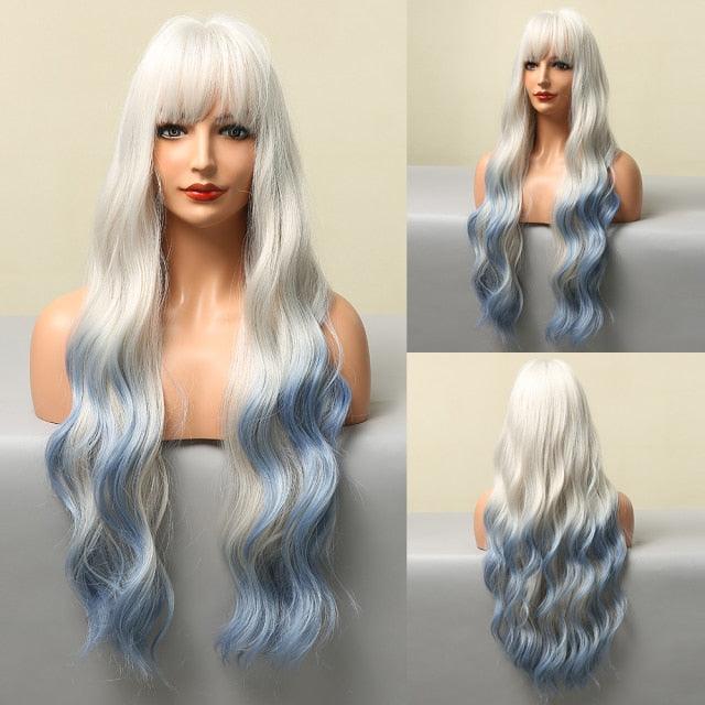Fashionable Long Wavy Synthetic Wigs Brown to Blonde Ombre with Bangs Fake Hair for Women Daily Cosplay Party Heat Resistant Wigs For Black Women Gifts for Girlfriends Stevvex