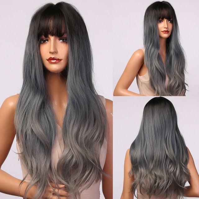 Fashionable Long Wavy Synthetic Wigs Brown to Blonde Ombre with Bangs Fake Hair for Women Daily Cosplay Party Heat Resistant Wigs For Black Women Gifts for Girlfriends Stevvex