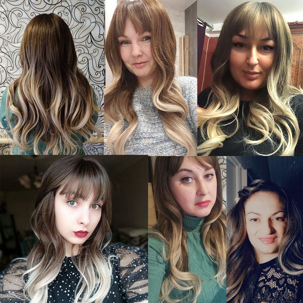 Fashionable Long Wavy Synthetic Wigs Brown to Blonde Ombre with Bangs Fake Hair for Women Daily Cosplay Party Heat Resistant Wigs For Black Women Gifts for Girlfriends Stevvex