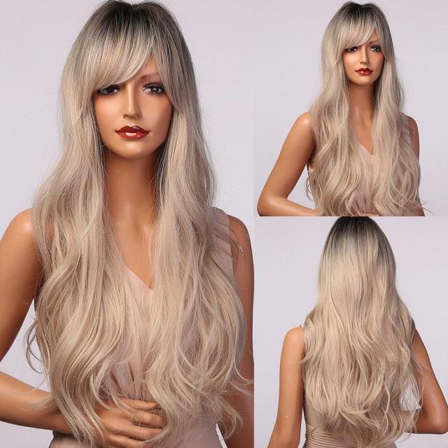 Fashionable Long Wavy Synthetic Wigs Brown to Blonde Ombre with Bangs Fake Hair for Women Daily Cosplay Party Heat Resistant Wigs For Black Women Gifts for Girlfriends Stevvex