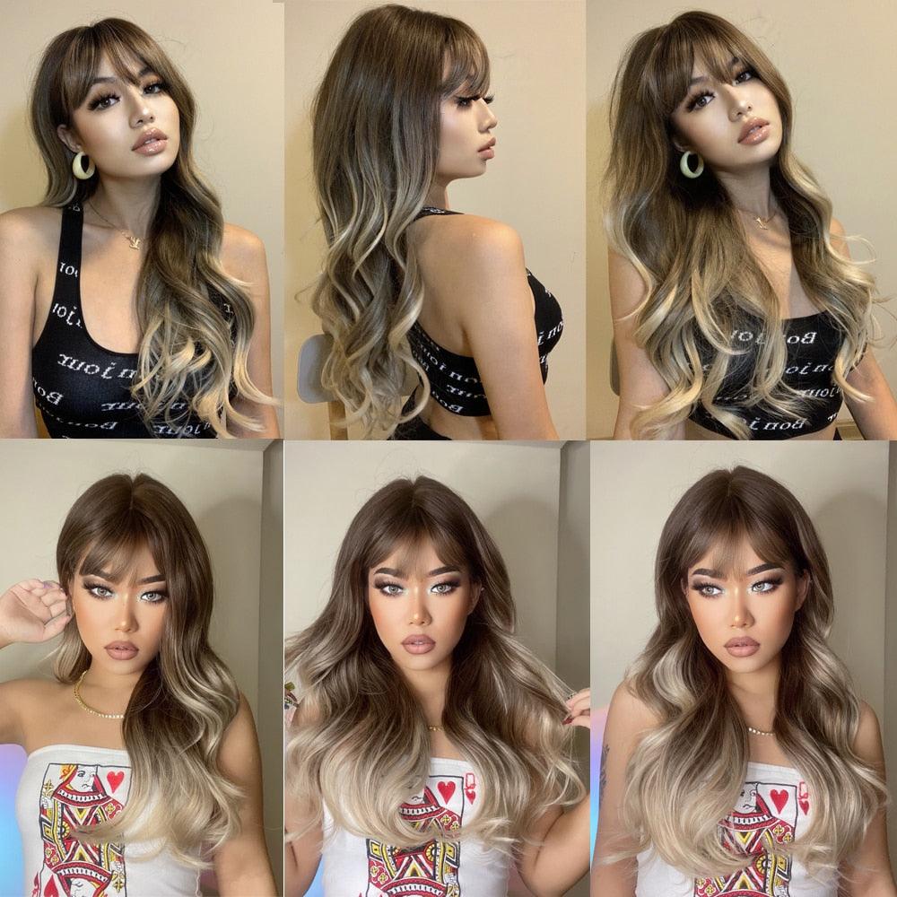 Fashionable Long Wavy Synthetic Wigs Brown to Blonde Ombre with Bangs Fake Hair for Women Daily Cosplay Party Heat Resistant Wigs For Black Women Gifts for Girlfriends Stevvex