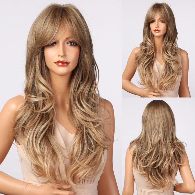 Fashionable Long Wavy Synthetic Wigs Brown to Blonde Ombre with Bangs Fake Hair for Women Daily Cosplay Party Heat Resistant Wigs For Black Women Gifts for Girlfriends Stevvex