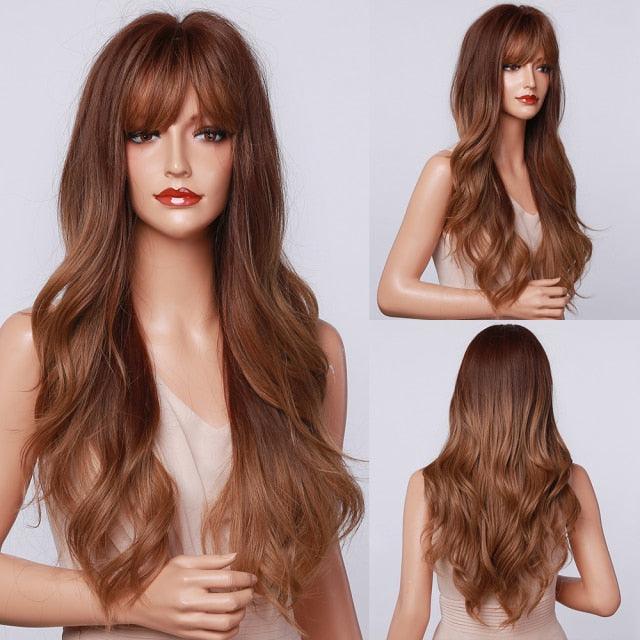 Fashionable Long Wavy Synthetic Wigs Brown to Blonde Ombre with Bangs Fake Hair for Women Daily Cosplay Party Heat Resistant Wigs For Black Women Gifts for Girlfriends Stevvex