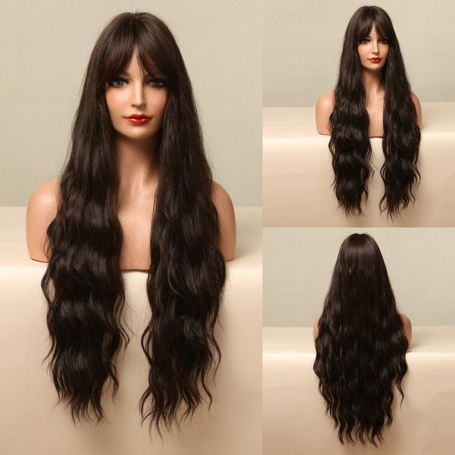 Fashionable Long Wavy Synthetic Wigs Brown to Blonde Ombre with Bangs Fake Hair for Women Daily Cosplay Party Heat Resistant Wigs For Black Women Gifts for Girlfriends Stevvex