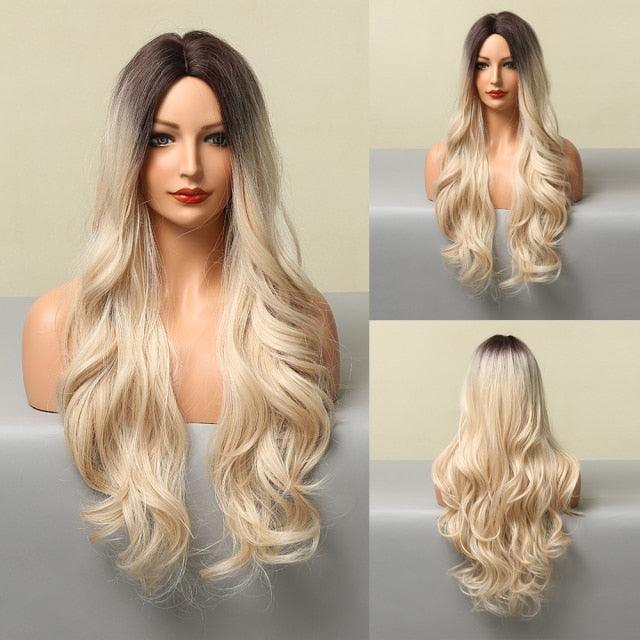 Fashionable Long Wavy Synthetic Wigs Brown to Blonde Ombre with Bangs Fake Hair for Women Daily Cosplay Party Heat Resistant Wigs For Black Women Gifts for Girlfriends Stevvex