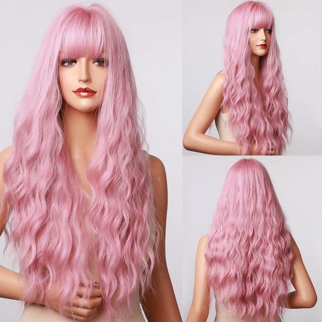 Fashionable Long Wavy Synthetic Wigs Brown to Blonde Ombre with Bangs Fake Hair for Women Daily Cosplay Party Heat Resistant Wigs For Black Women Gifts for Girlfriends Stevvex