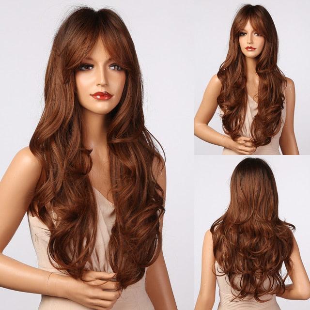 Fashionable Long Wavy Synthetic Wigs Brown to Blonde Ombre with Bangs Fake Hair for Women Daily Cosplay Party Heat Resistant Wigs For Black Women Gifts for Girlfriends Stevvex