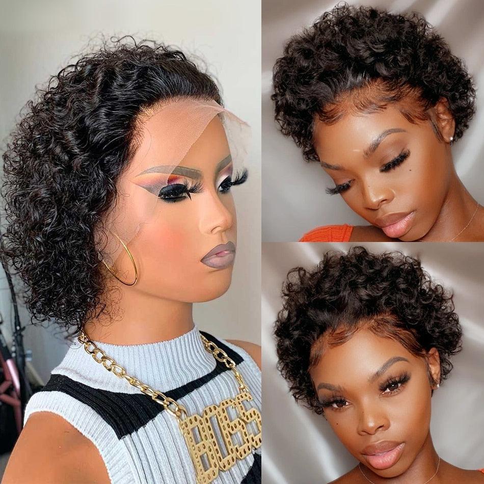 Fashionable Pixie Cut Wig Short Curly Human Hair Wigs Human Hair Wig 13X1 Lace Wig For Women Human Hair Pre Plucked For Black Women Gifts for Girlfriends Stevvex