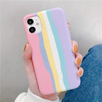 Fashionable Rainbow Silicone Luxury Case For iPhone 11 12 13 14 Pro Max XR X XS 7 8 Plus Mini Soft Shockproof Cover Creative Cute Rainbow Pink Stripe Line Soft Silicone Case Stevvex