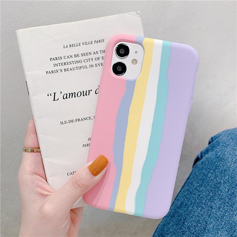 Fashionable Rainbow Silicone Luxury Case For iPhone 11 12 13 14 Pro Max XR X XS 7 8 Plus Mini Soft Shockproof Cover Creative Cute Rainbow Pink Stripe Line Soft Silicone Case Stevvex