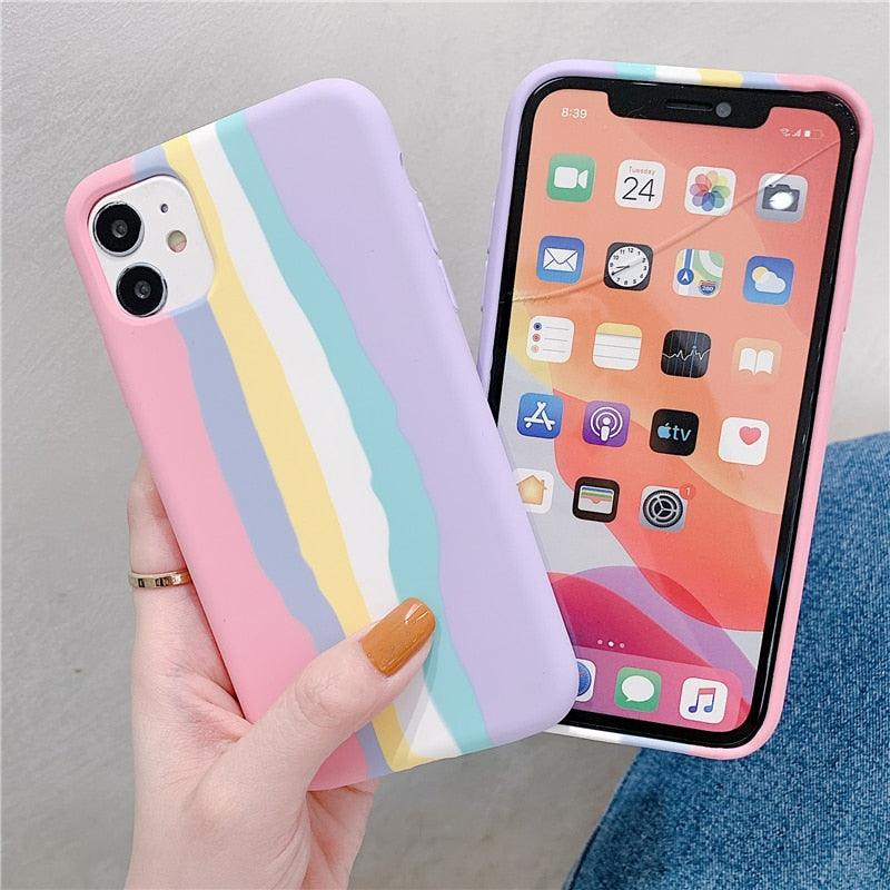 Fashionable Rainbow Silicone Luxury Case For iPhone 11 12 13 14 Pro Max XR X XS 7 8 Plus Mini Soft Shockproof Cover Creative Cute Rainbow Pink Stripe Line Soft Silicone Case Stevvex