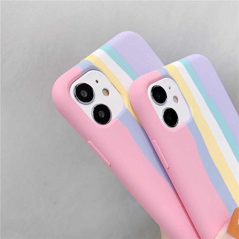 Fashionable Rainbow Silicone Luxury Case For iPhone 11 12 13 14 Pro Max XR X XS 7 8 Plus Mini Soft Shockproof Cover Creative Cute Rainbow Pink Stripe Line Soft Silicone Case Stevvex