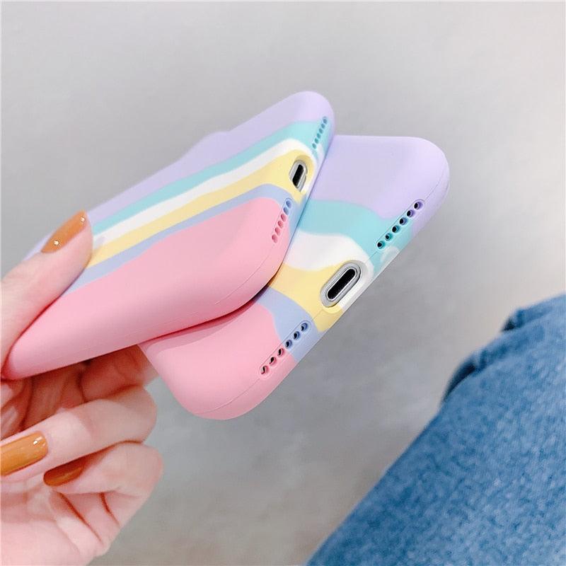 Fashionable Rainbow Silicone Luxury Case For iPhone 11 12 13 14 Pro Max XR X XS 7 8 Plus Mini Soft Shockproof Cover Creative Cute Rainbow Pink Stripe Line Soft Silicone Case Stevvex