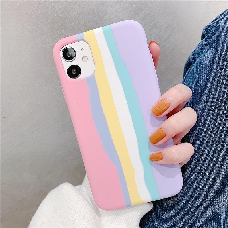 Fashionable Rainbow Silicone Luxury Case For iPhone 11 12 13 14 Pro Max XR X XS 7 8 Plus Mini Soft Shockproof Cover Creative Cute Rainbow Pink Stripe Line Soft Silicone Case Stevvex