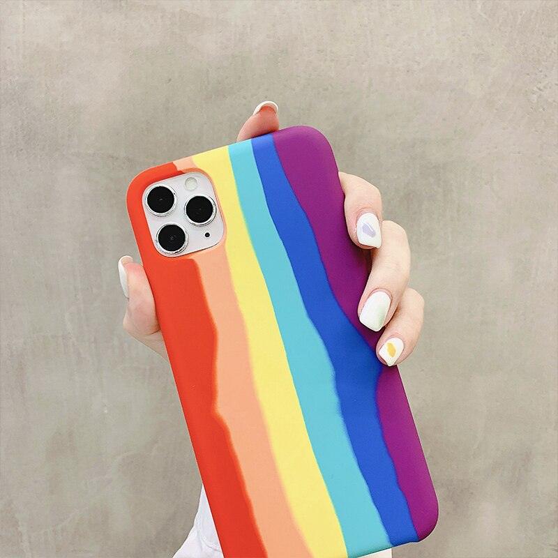 Fashionable Rainbow Silicone Luxury Case For iPhone 11 12 13 14 Pro Max XR X XS 7 8 Plus Mini Soft Shockproof Cover Creative Cute Rainbow Pink Stripe Line Soft Silicone Case Stevvex