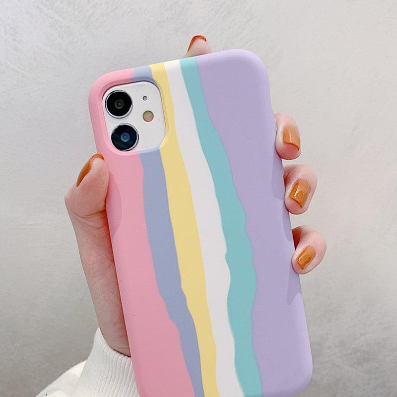 Fashionable Rainbow Silicone Luxury Case For iPhone 11 12 13 14 Pro Max XR X XS 7 8 Plus Mini Soft Shockproof Cover Creative Cute Rainbow Pink Stripe Line Soft Silicone Case Stevvex
