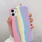 Fashionable Rainbow Silicone Luxury Case For iPhone 11 12 13 14 Pro Max XR X XS 7 8 Plus Mini Soft Shockproof Cover Creative Cute Rainbow Pink Stripe Line Soft Silicone Case Stevvex