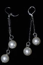 Faux Pearl Dangle Earrings Long Silver Chain Bridal