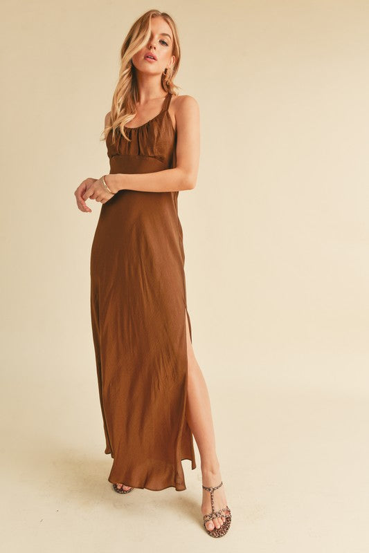 Ruched Side Slit Cutout Back Maxi Cami Dress For Summer–Elegant, Alluring & Sophisticated with Stunning Design Stevvex