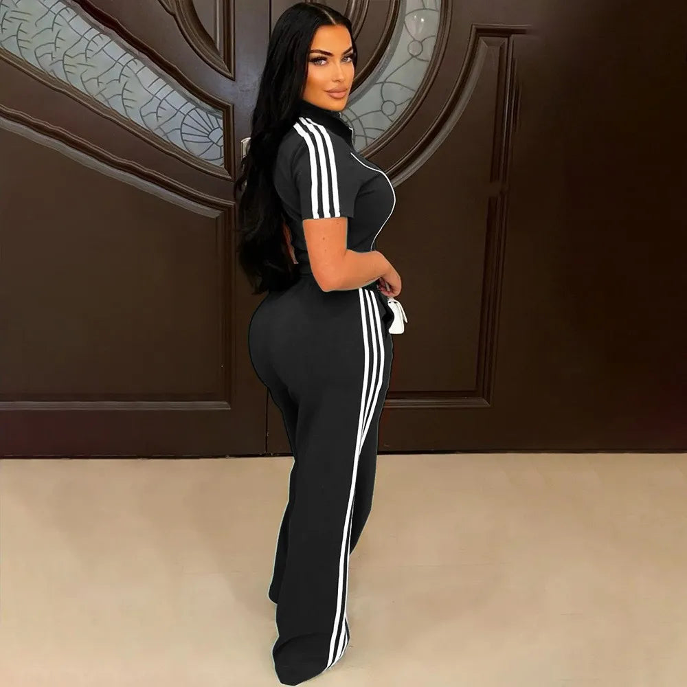 Fashion Casual Short Hoodie 2 Piece Women Summer Zipper Top Short Sleeved Sports T Shirt Stripe Splicing Long Pants Female Suit Purplish Diva