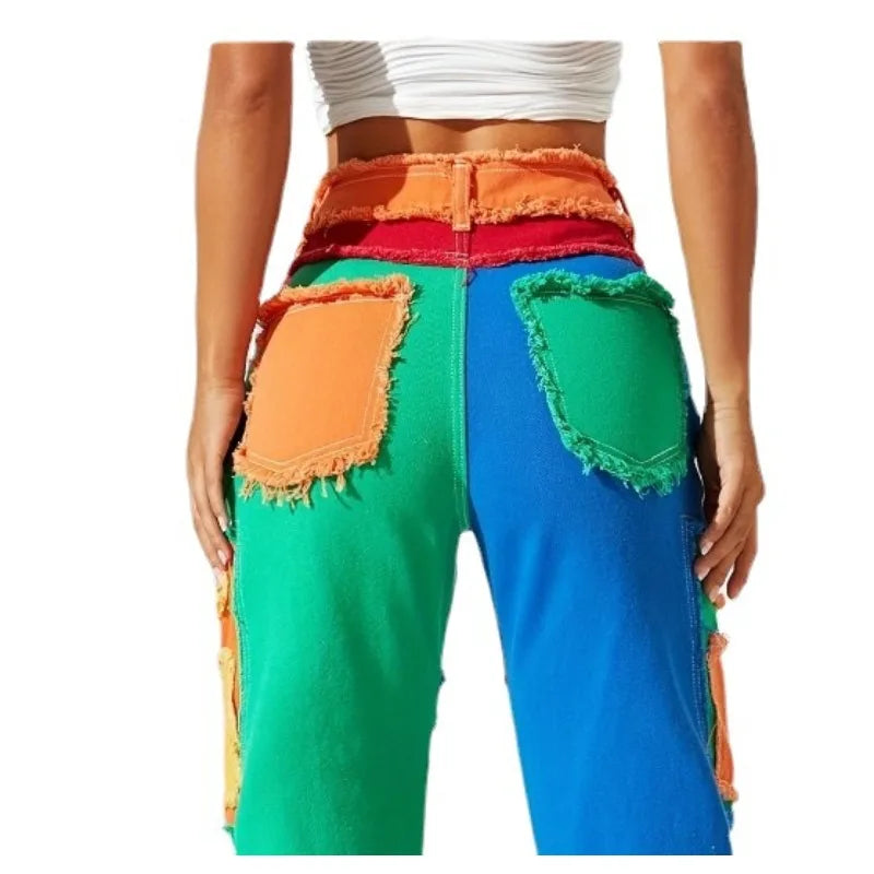 Distressed Color Patchwork Women Denim Pants Fringe High Waist Zipper Fly Jeans 2023 Fall Winter Y2K Streetwear Sexy Club Outfit Purplish Diva