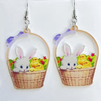 Easter Rabbit Flower Basket Cute Printed Egg Chick Spring Floral Earrings Pi-Mart