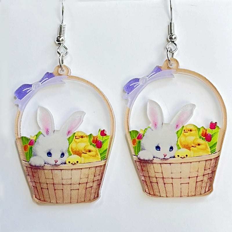 Easter Rabbit Flower Basket Cute Printed Egg Chick Spring Floral Earrings Pi-Mart