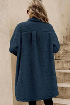 Blue Teddy Coat – Contrast Flap Pockets & Single Breasted