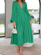 Lightweight Deep V-Neck Balloon Sleeve Maxi Dress Elegant & Flowing Silhouette Unique Dress