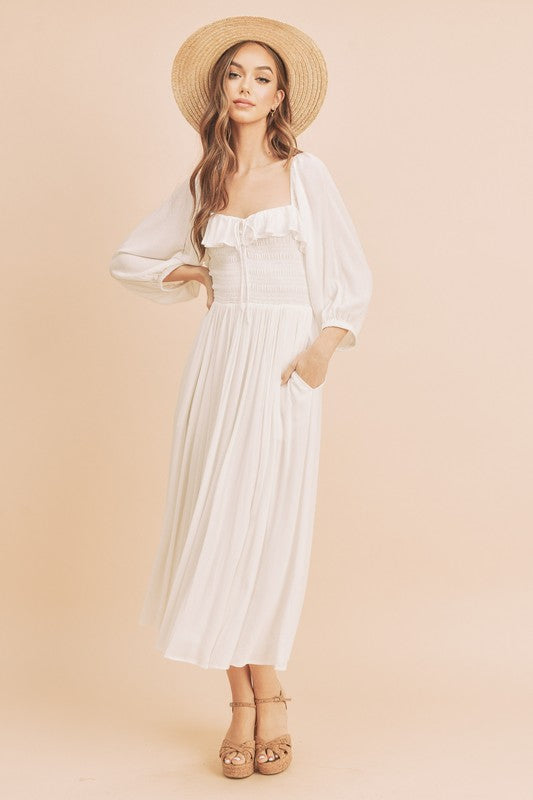 New Summer Ruffled Smocked Square Neck Balloon Sleeve Comfortable Dress – Feminine, Chic, and Elegant for Any Occasion Stevvex