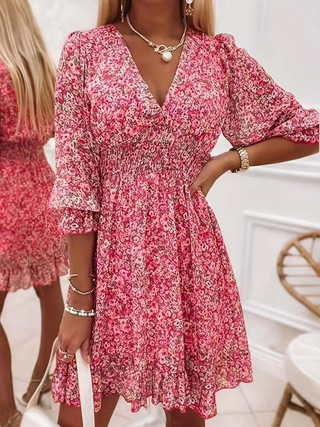 V-neck Printed Dress With Ruffled Waist, Exquisite And Elegant Design-perfect For Spring And Autumn. - SJB-DIAMOND ELITES