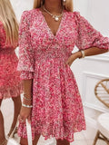 V-neck Printed Dress With Ruffled Waist, Exquisite And Elegant Design-perfect For Spring And Autumn. - SJB-DIAMOND ELITES