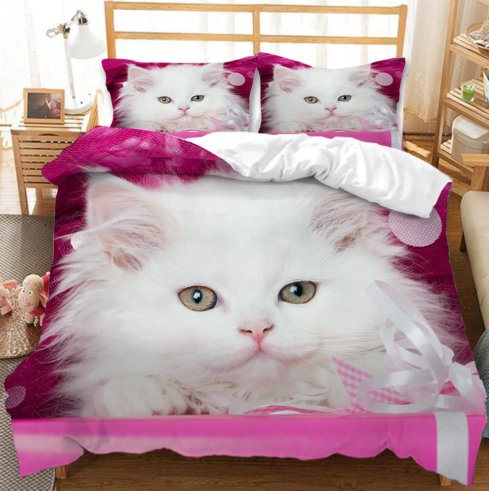 White Cute Cat Bedding Set Girl Ladies Bedroom Comfort Duvet Cover Pi-Mart