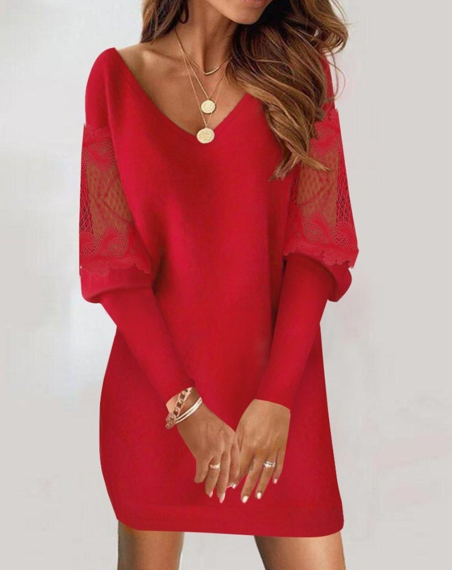 Long-sleeved V-neck Dress Spring And Autumn Lace Splicing Dress For Womens Clothing