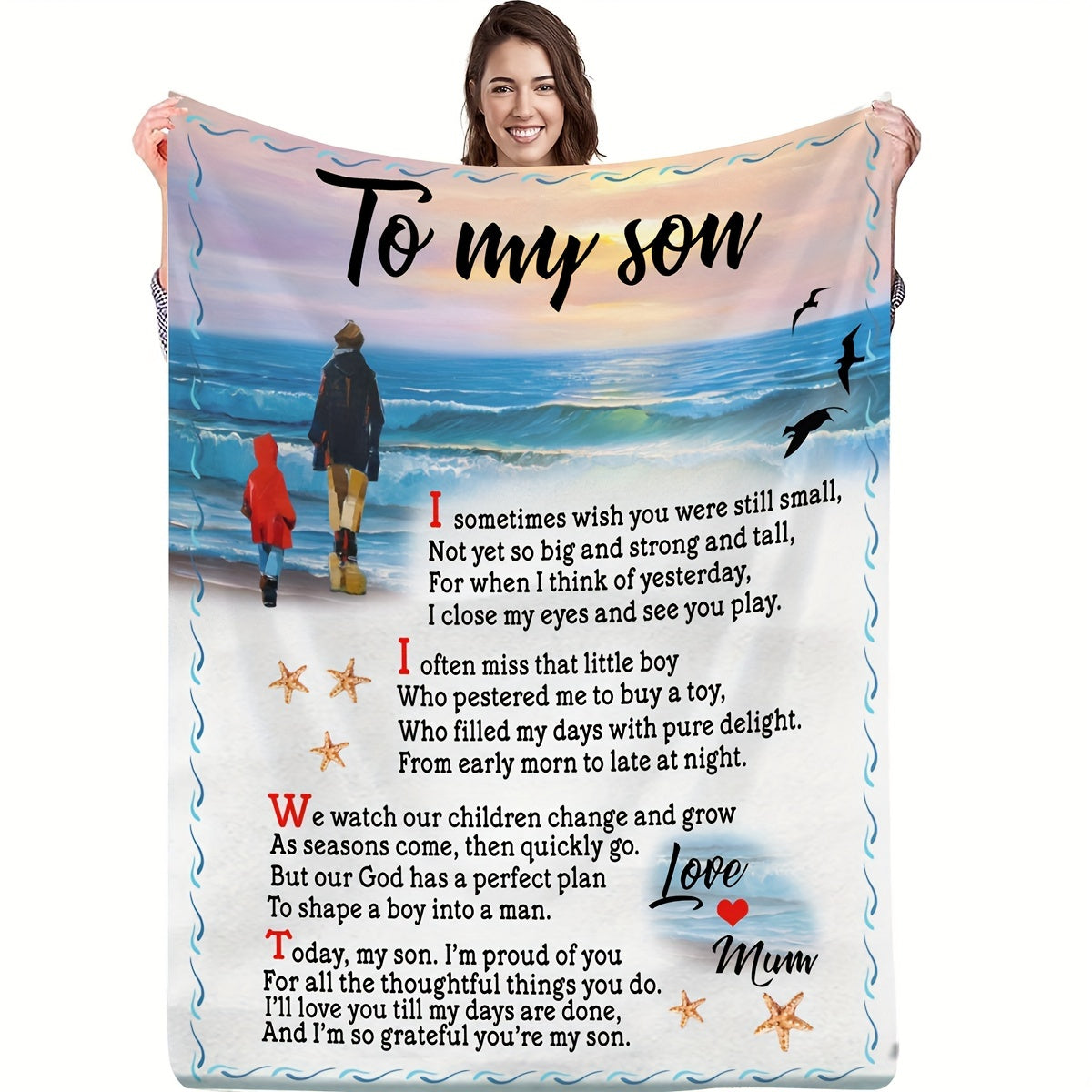 1pc To My Son Blanket Creative Text Letter To Son Soft Blanket Flannel Blanket For Couch Sofa Office Bed Camping Travel, Multi-purpose Gift Blanket For All Season Lootquake LLC