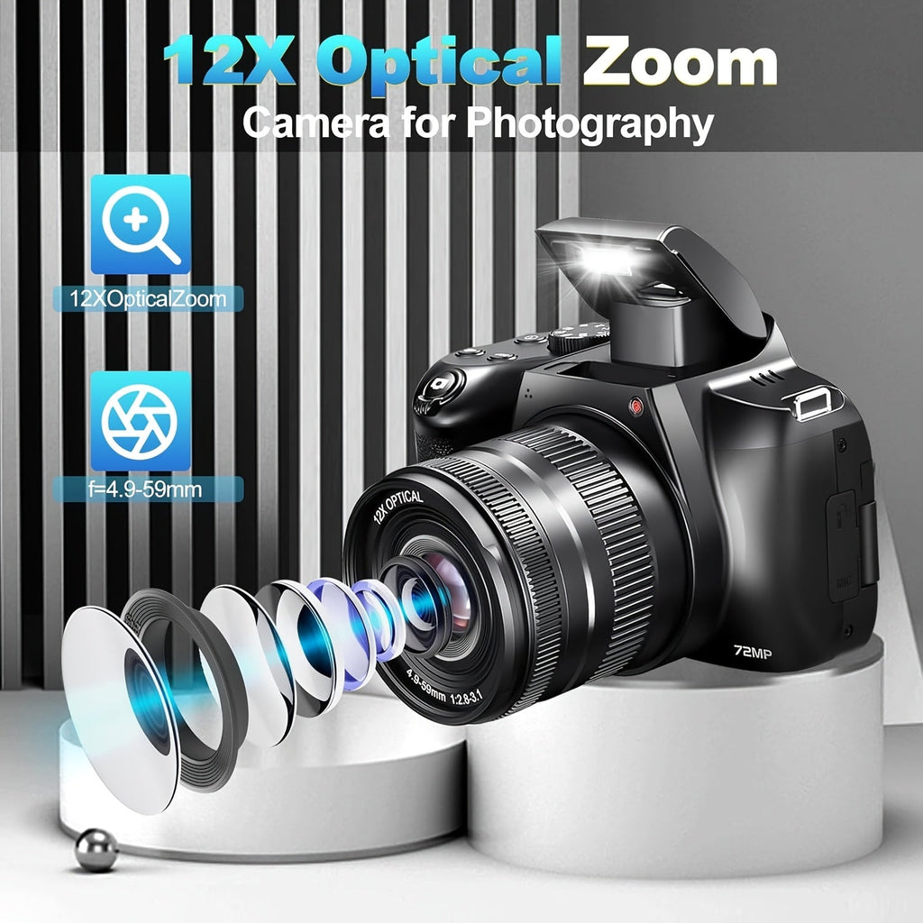 4K Photography Digital Camera - 12x Optical Zoom 72MP YouTube Vlogging Camera With 3" 180° Flip Screen, Auto Focus Compact Camera Lootquake LLC