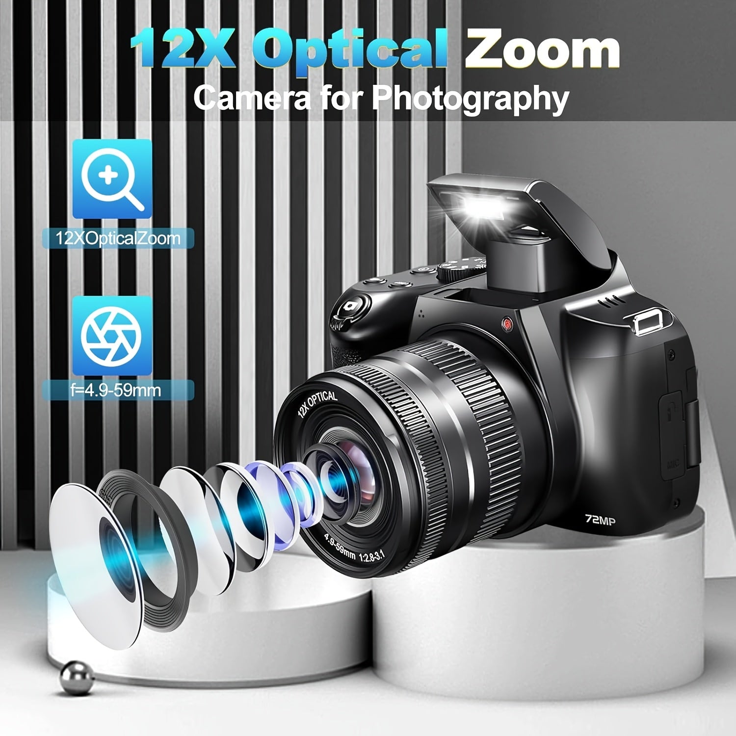 4K Photography Digital Camera - 12x Optical Zoom 72MP YouTube Vlogging Camera With 3" 180° Flip Screen, Auto Focus Compact Camera Lootquake LLC