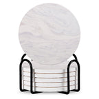Set Of 6 Beverage Coasters With Stand Round 4in Ceramic Coaster With Metal Stand Absorbent Marble Stone Coaster With Cork Base Pi-Mart