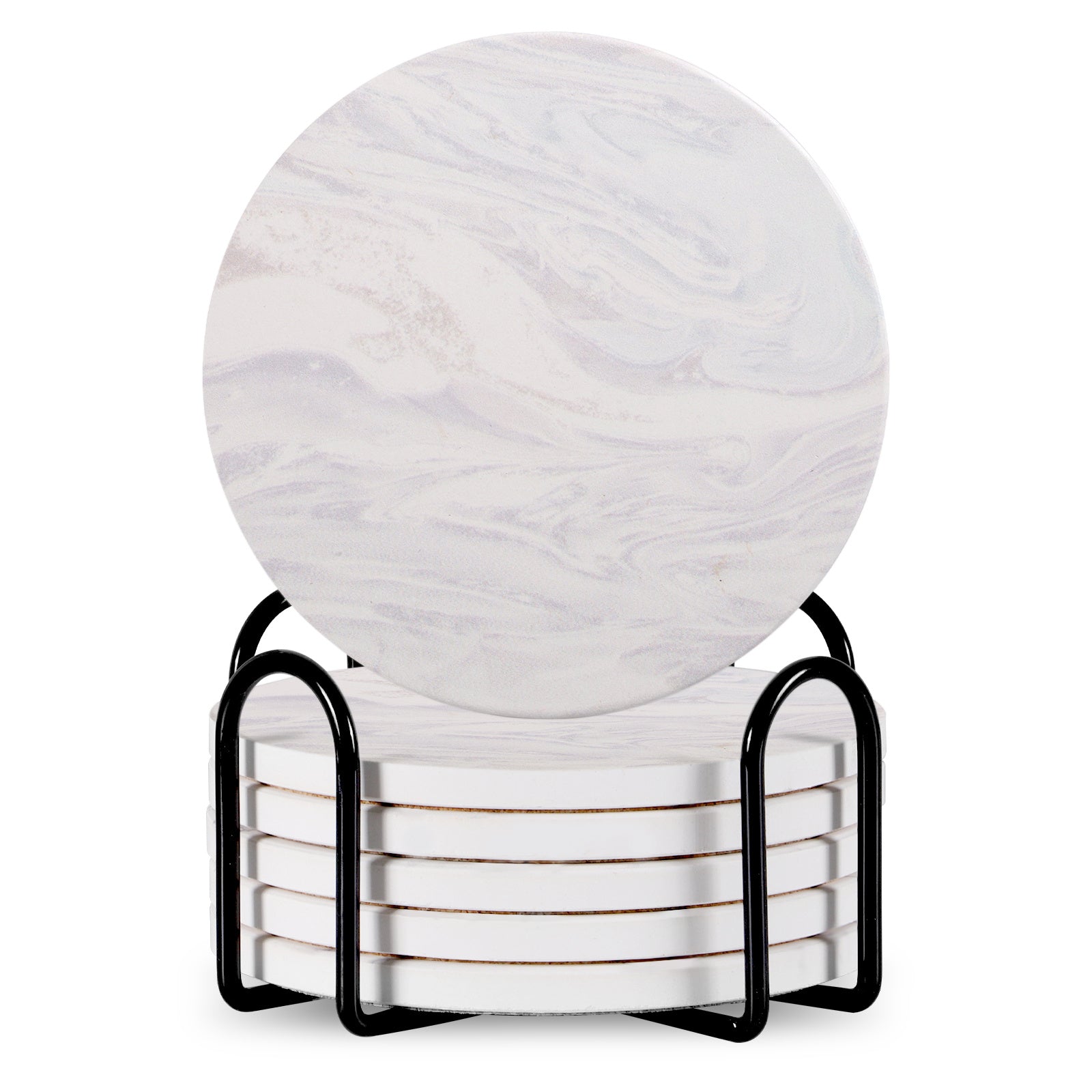 Set Of 6 Beverage Coasters With Stand Round 4in Ceramic Coaster With Metal Stand Absorbent Marble Stone Coaster With Cork Base Pi-Mart