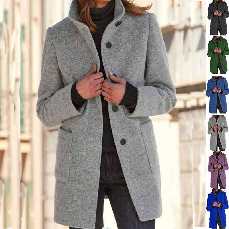 Fashion Stand Collar Woolen Coat With Pockets Fall Winter Casual Button Outwear For Women Clothing Pi-Mart