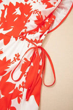 Red Floral Print Trimmed V Neck Ruffle Sleeve Maxi Dress