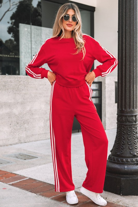 Varsity Stripe Crewneck Pullover and Sweatpants Set THRIXINE