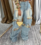 BWQ Washed Denim Women's Set Full Sleeve Floral Jacket and Pockets Cargo Jeans Pants Suit 2025 Street Two 2 Piece Set Outfit Purplish Diva