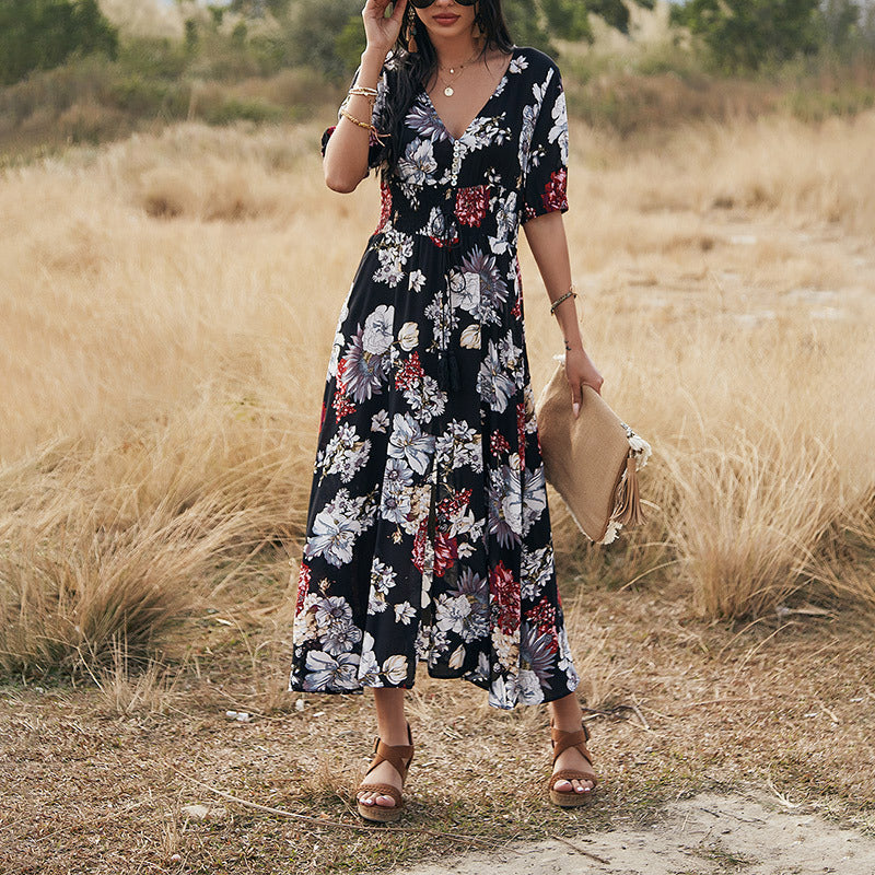 Floral Summer Beach Dress With V Neck Elastic Waist Dresses For Women Pi-Mart