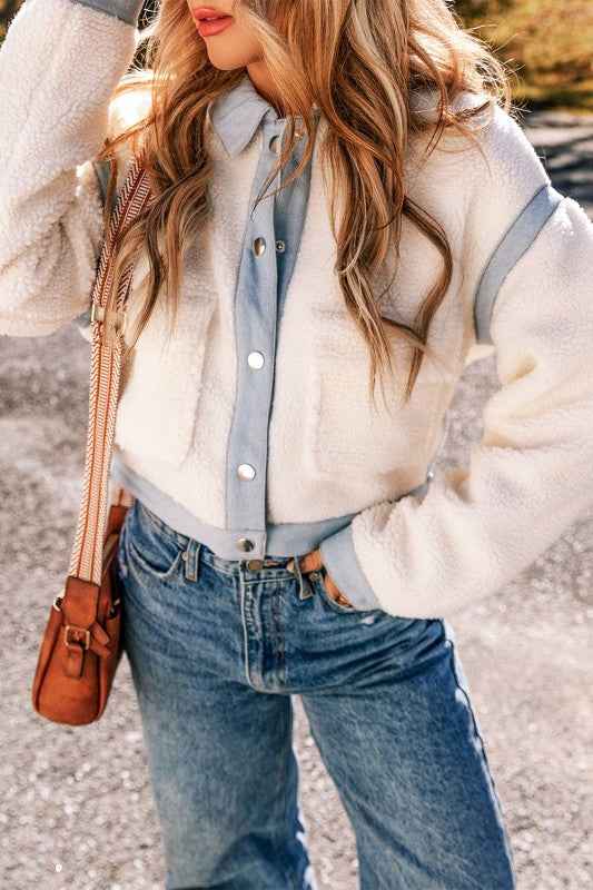 Solid Contrast Trim Buttoned Sherpa Jacket THRIXINE