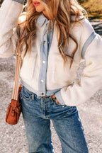 Solid Contrast Trim Buttoned Sherpa Jacket THRIXINE