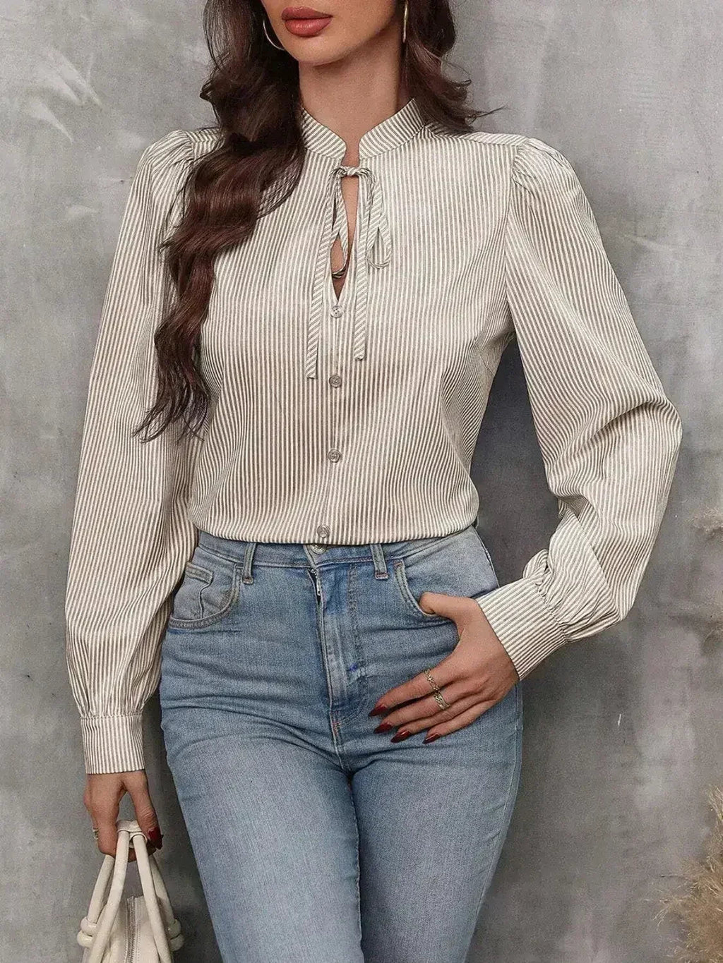 Striped Tie Neck Long Sleeve Blouse – Femstylo - SJB-DIAMOND ELITES