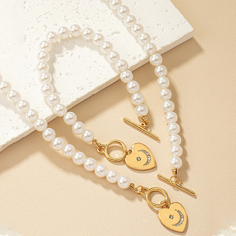 Pearl Bracelet And Necklace Set Female With Hearts Clavicle Chain Pi-Mart