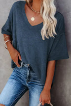 Blue Exposed Seam Drop Sleeve V Neck Waffle Textured Top